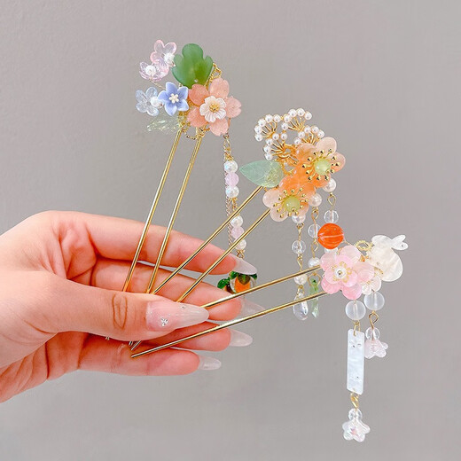 WEISHINI (WEISHINI) Children's Ancient Style Hanfu Hair Accessories Girls' Updo Hairpins Chinese Style Girls' Step Headbands Tassel Hairpins Hair Accessories 4# Purple Flower Three Little Flowers