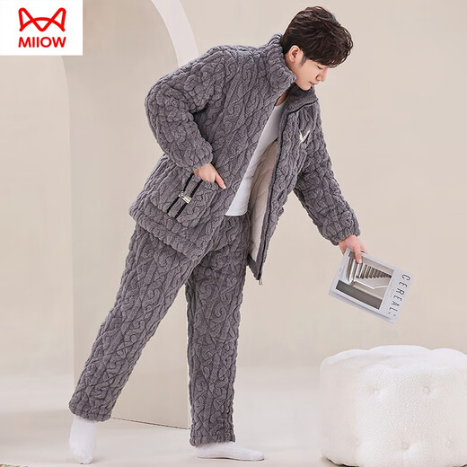 Catman (Miiow) Neuer Herbst- und Winter-Dreischicht-Baumwoll-Pyjamas-Korallen-Samt und Samt, der Flanell-Hauskleidung Winteranzug Dunkelbraun M6627 3-Layer L [95-120jin [Jin ist gleich 0,5 kg]] Dreischichtig eingedickt