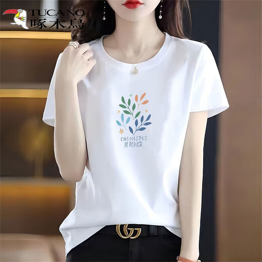 Woodpecker pure cotton T-shirt for women short-sleeved 2025 summer new loose simple fashionable T-shirt top for women 6193 leather powder XL 120-135Jin [Jin equals 0.5 kg]
