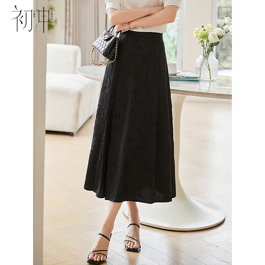 Chushen Spring and Summer New Chinese Style Skirt Women's Design Jacquard High Waist Pleated Improved Horse-Faced Skirt S143B1422 Black M