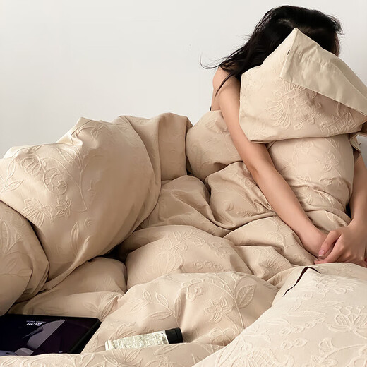 Snowsman pure cotton bed four-piece set, cotton embossed jacquard quilt cover, high-end bedding, Maillard simple wabi-sabi style bed sheets