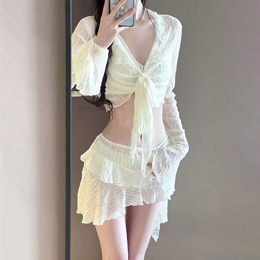 Lu Geli Bikini Swimsuit Women's Hot Spring High-end Four-Piece Set Small Fresh and Sexy Split Beach Vacation Swimsuit White Bikini Set [Suggested 90-120 Jin [Jin equals 0.5 kg]]
