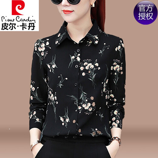 Pier Cardin High-Deed Imprimé en mousseline de soie à manches longues à manches longues pour les femmes 2025 Spring and Automne New Floral Shirt Base d'âge moyen de base de base XM3519 Red S [80-95 Jin suggéré [Jin est égal à 0,5 kg]]]