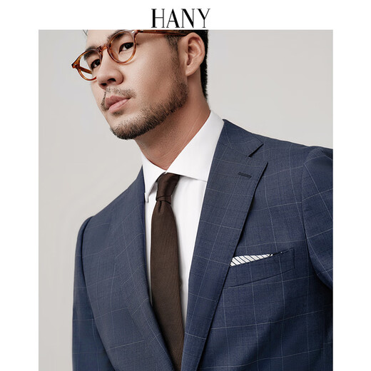 Hany (HANY) Napoli version pure wool suit suit men's business formal wear men's high-end wedding men's suit Pegaso dark blue plaid Napoli version 44 trousers please contact customer service to select the size