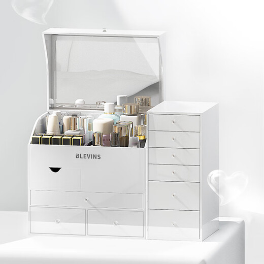 BLEVINS cosmetics and skin care product storage box desktop dust-proof high-end Internet celebrity acrylic storage box light luxury large capacity white combination two-piece set with mirror jewelry tray