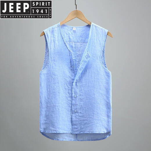 JEEP SPIRIT夏季纯色亚麻马甲背心男士青年休闲无袖复古水洗麻料透气常规纽扣 黑色 XL 建议130-145斤