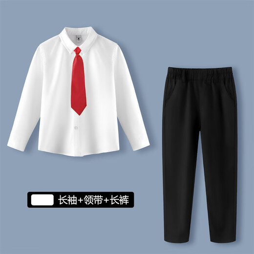 Boys' pure cotton white shirts, children's white shirts, white school uniforms, performance clothes, children's white shirts, spring and autumn long-sleeved single white shirts (polyester cotton) 150cm