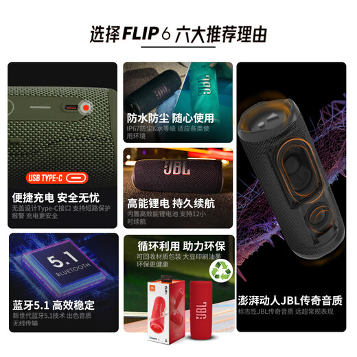 JBLFLIP6/7 Music Kaleidoscope Sixth Generation Flip5 Upgrade Portable Bluetooth Speaker Outdoor Riding Waterproof Dust-proof Track Speaker Subwoofer Small Speaker [FLIP6] Track Speaker-Metal Black
