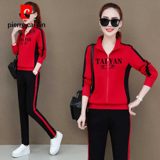皮尔卡丹纯棉休闲运动套装女2025春秋新款时尚立领运动服广场舞卫衣两件套 9928.红色 M