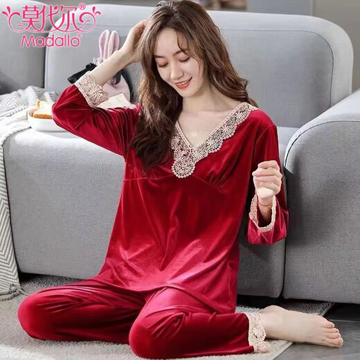 
Modal gold velvet pajamas for women in spring and autumn sexy lace lace long sleeve trousers thin velvet winter home clothing two-piece set -9923 rose red L (100-115Jin [Jin equals 0.5 kg])