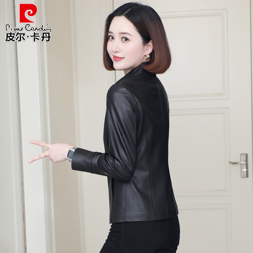 Pierre Cardin Genuine Leather Jacket Small Leather Jacket Women 2025 Spring and Autumn New Haining Leather City Sheepskin Short Jacket for Middle-aged Moms Black XL