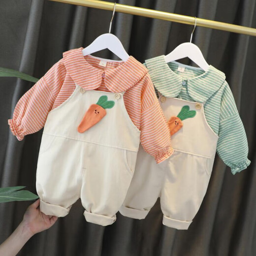 Black and white brand children's spring and autumn suit one-year-old baby clothes girl clothing toddler little girl overalls two-piece set orange two-piece set [top + overalls] 80 size recommended 8-12 months (70-80cm)