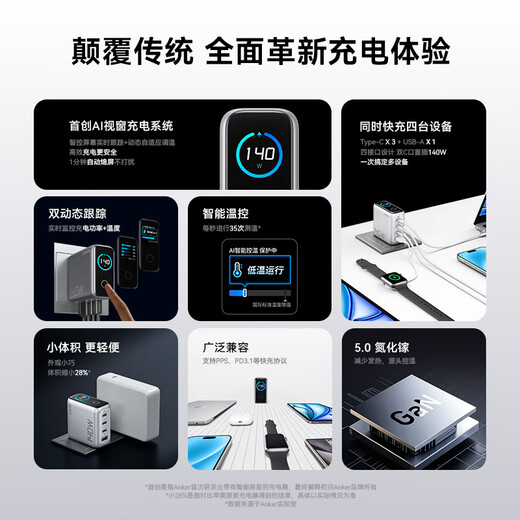 ANKER安克智显充140W充电器 氮化镓屏显type-c多口pd快充100W插头适用iPhone16手机华为电脑笔记本 银