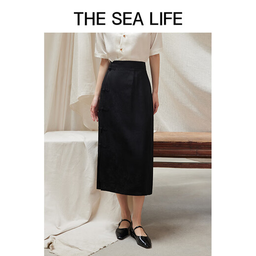 
THE SEA LIFE Ou Hai Yisheng New Chinese style high-waisted skirt for women 24 summer waist-hugging high-end black folding skirt Y16866 Black Mage M