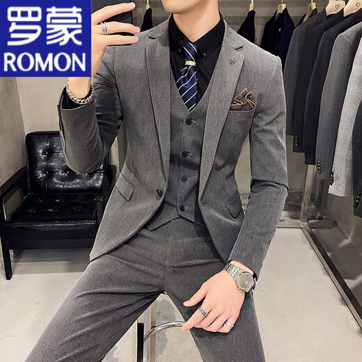 罗蒙（ROMON）痞帅西装男套装高级感修身新郎结婚礼服正装休闲小个子西服外套 黑色西装+裤子+白衬衫 M