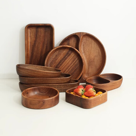 Millennium Lovewood Acacia solid wood thickened dried fruit plate household candy fruit nut round grid plate TP0383