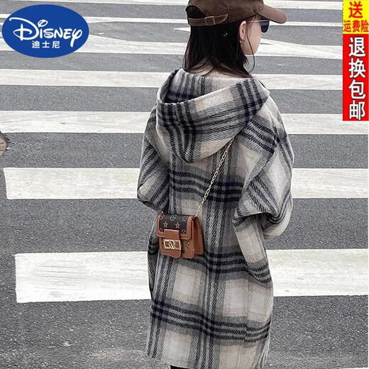Disney (Disney) Girls Woolen Coat 2024 New Spring and Autumn Korean Style Mid-Length Western Style Plaid Coat Woolen Coat Trendy Hooded Plaid Coat 170 Recommended height 155-165 cm