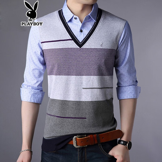 Camiseta de manga larga de Playboy Spring Camiseta de algodón para hombres de algodón de mediana edad y camiseta de gran tamaño de jóvenes camiseta de dos piezas de dos piezas de dos piezas ropa de otoño 3879 azul 165/m