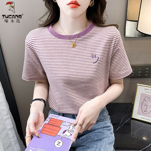 Woodpecker Purple rayé à manches courtes à manches courtes pour les femmes lâche 2025 Summer Summer T-shirt Smiley Face Smiley Broidered Top 9928 # Purple + 9959 # Red S Recommandé 80-95Jin [Jin est égal à 0,5 kg]