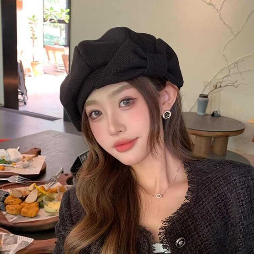 QUEEN TRIP autumn hat women's small fragrant bow high-end beret socialite daughter style fashionable face small octagonal hat gray