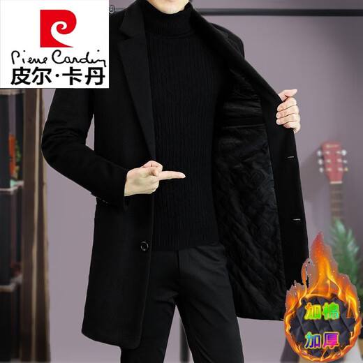 皮尔卡丹（pierre cardin）风衣男中长款韩版修身秋冬季加厚羊毛呢子大衣男士呢子外套针织 82黑色 2XL 145-160斤