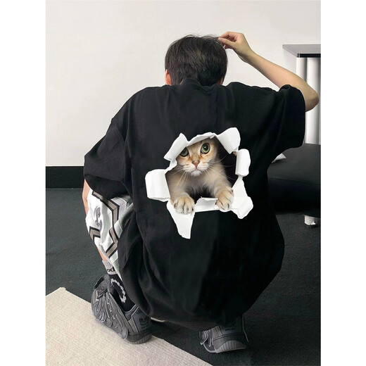 迪伽达短袖t恤男士夏季新款美式潮牌潮流设计感猫咪打底衫情侣五分半袖 MSL-C683白色（在后） L （尺码偏小建议大一码）