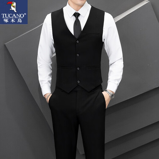 Woodpecker (Tucano) Freizeitanzug Anzug Männer koreanischer Stil Business formeller Anzug Drei-teilig Set Slim Best Man Wedding Kleid Blazer Black [Anzug + Hemd + Hemd] Gürtelkrawatte 2xl