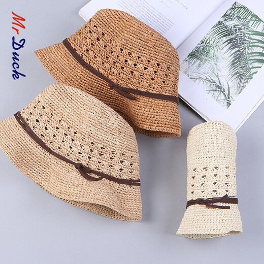 Mr DUCK进口手工编织拉菲草帽男女 可折叠爵士礼帽 防晒遮阳镂空透气草帽 MS17008-棕色 L码（适合60CM及以上头围）