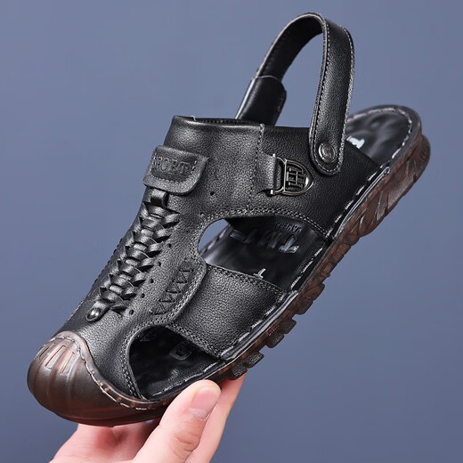 Kachi Wolf Bag Head Sandals Herren Sommer Echtes Leder Nicht-Schlupf-Rindfleisch-Sehnen-Sohle Dual-Purple-Vater-Vater mittleren Alters und ältere Kopfschicht Cowide Beach Schuhe Pantetten 686 Black 40