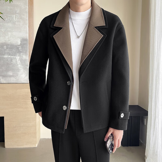 Romon Double Collar Short Windbreaker Jacket Men's Autumn and Winter High-end Trendy Contrast Color Splicing Woolen Coat Suit Jacket Black XL