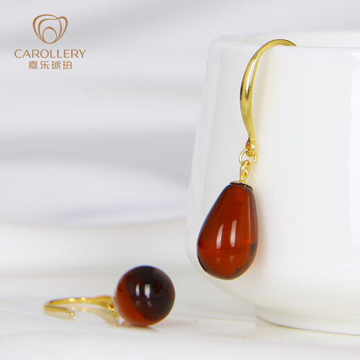 Jiale blood amber earrings S925 silver gold-plated earrings amber earrings birthday gift for girlfriend, about 12mm total length 30mm/A0281