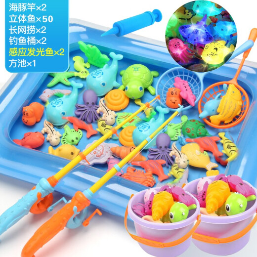 Xuyang children's fishing toys magnetic induction three-dimensional light-emitting fish dolphin rod large inflatable fish pond children fishing set magnetic light-emitting fishing 58-piece set