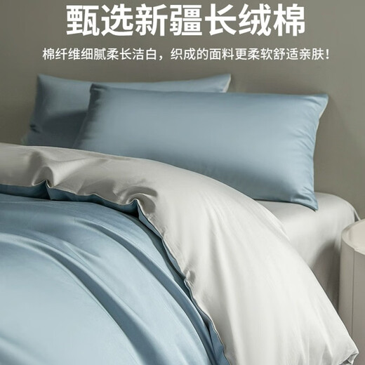 SOMERELLE (SOMERELLE) tribute satin long velvet cotton pure cotton bed four-piece set 100% cotton single double quilt cover cover sheets and bed cover light luxury bedding products Quiet blue + smoke and ink ash 1.5/1.8m bed sheet four-piece set-quilt cover 200*230