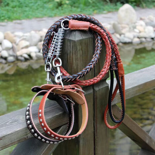 PPO genuine leather collar cowhide dog chain explosion-proof dog leash medium and large dog golden retriever German shepherd dog walking rope collar red brown L size - suitable for 25-70 Jin Jin equals 0.5 kg.