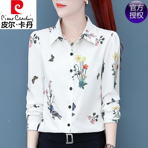 Pier Cardin High-Deed Imprimé en mousseline de soie à manches longues à manches longues pour les femmes 2025 Spring and Automne New Floral Shirt Base d'âge moyen de base de base XM3519 Red S [80-95 Jin suggéré [Jin est égal à 0,5 kg]]]