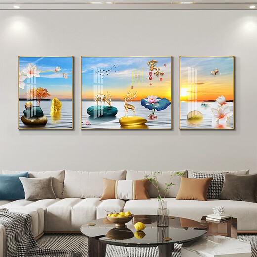 桐迪现代简约客厅装饰画沙发背景墙壁画新中式一帆风顺挂画大厅墙上画 9 家和富贵15686  烤瓷镶钻中间140*90边70*90黑框