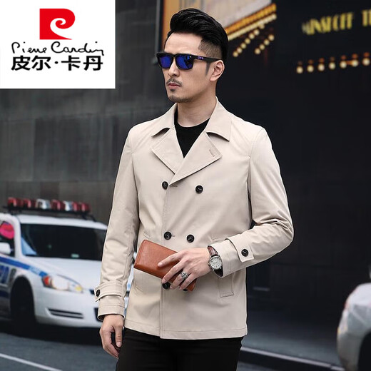 皮尔卡丹高档品牌男装 2022春秋季双排扣男士短款风衣英伦修身翻领帅气外套潮针织 LYD9196藏青色 170/M
