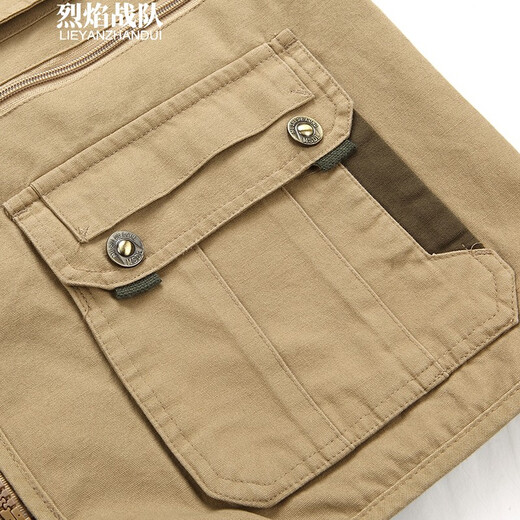 烈焰战队马甲 男士中年秋季多口袋钓鱼马夹背心 中老年休闲95棉带里衬坎肩 105款浅军色马甲 4XL （建议体重165-180斤）