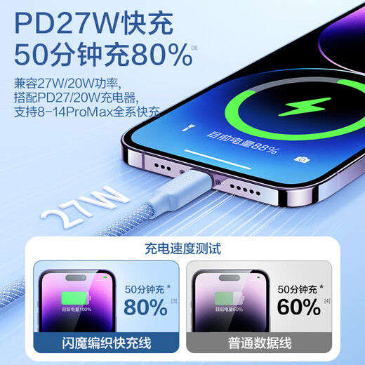 闪魔苹果数据线PD20w充电线iPhone手机Type-C快充ipad平板适用iPhone14/12/13车载 灰白1.2米【彩虹编织线】PD27W快充|安全耐用