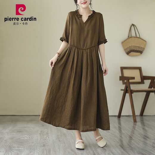 皮尔卡丹（pierre cardin）棉麻苎麻连衣裙2024夏装新款中年妈I妈宽松洋气亚麻气质V领长裙子 咖色/中长款/欧货/女装/时尚/遮 XL