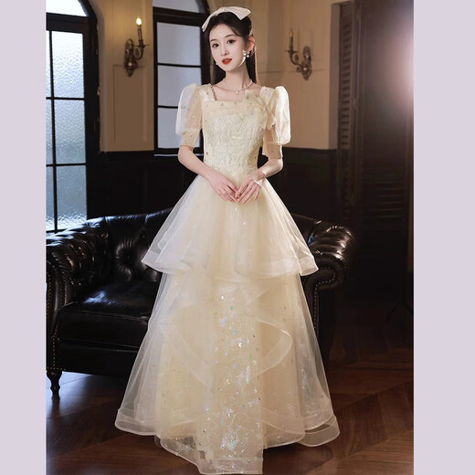 丽佰昕香槟色晚礼服裙女2025新款轻奢小众高端高级感声乐艺考主持人演出 香槟色 L  建议100-110斤