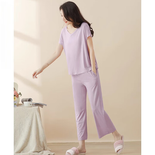 Pajamas modales para mujeres en verano de estilo delgado modal de manga corta con almohadillas en el pecho y pantalones de nueve puntos para ropa al aire libre. Juego de ropa para el hogar. Sedio de seda de hielo Sentimiento fresco. 841 negro (con almohadillas en el pecho) l