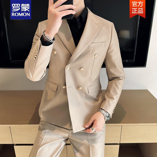 ROMON Blazer British double-breasted business suit men's Korean version slim solid color casual metal buckle suit white suit + trousers + black shirt navy collar M