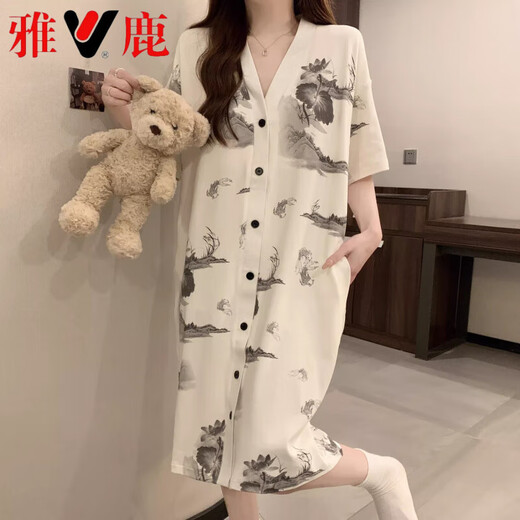 雅鹿带胸垫睡裙女士夏季短袖感复古风睡衣2025新款大码睡袍家居服 YFM_5155#短袖裙 绿色花朵 (带固 M