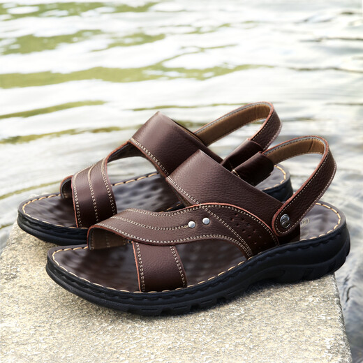 Sommersandalen Männer echtes Leder 2020 Neue Männer Beachschuhe Großgröße nicht rutschende mittlere und ältere Daddy-Hausschuhe außerhalb von 12129-Black 42