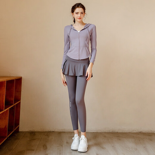 Yuebu yoga suit fitness suit women's running sports jacket Pilates training suit gym long-sleeved high-end lotus root purple top S recommended 80-95Jin Jin equals 0.5 kg