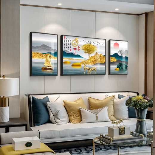 Tongdi Nouveau salon chinois Décoration peinture canapé fond mur moderne moderne simple villa hall paysage peinture triple peinture suspendue 10 jiahe fugui-12124 Middle 80 * 60 40 * 60 cadres noirs des deux côtés (peinture en porcelaine cristalline)