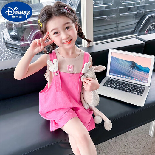 迪士尼（Disney）儿童背带裤套装夏款女童无袖薄款两件套2025新款洋气小女孩衣服潮 玫红色 130 适合身高120-130cm年龄7-8周