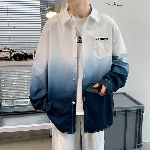 丹俏丽衬衫男士春夏季新款韩版潮流拼接印花长袖衬衣青少年宽松痞帅外套 白色 679 M