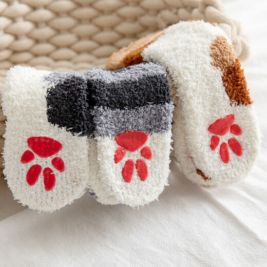 卜袜甲儿童珊瑚绒防滑地板袜子冬季宝宝加厚保暖睡眠中筒袜家居袜套 儿童硅胶猫爪5色4双(选色备注) 均码(适宜1-11岁男女童)